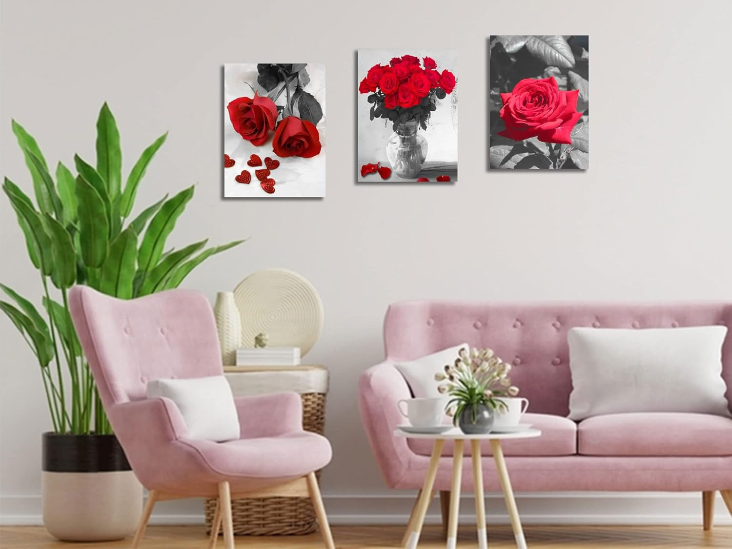 Red Rose Canvas Wall Art Flowers Pictures Bathroom Decor, Black White Florals Painting Modern Romantic Framed for Bedroom Living Room Dinning Room Kitchen Spa Wall Decor,12"X16"X3 Panels