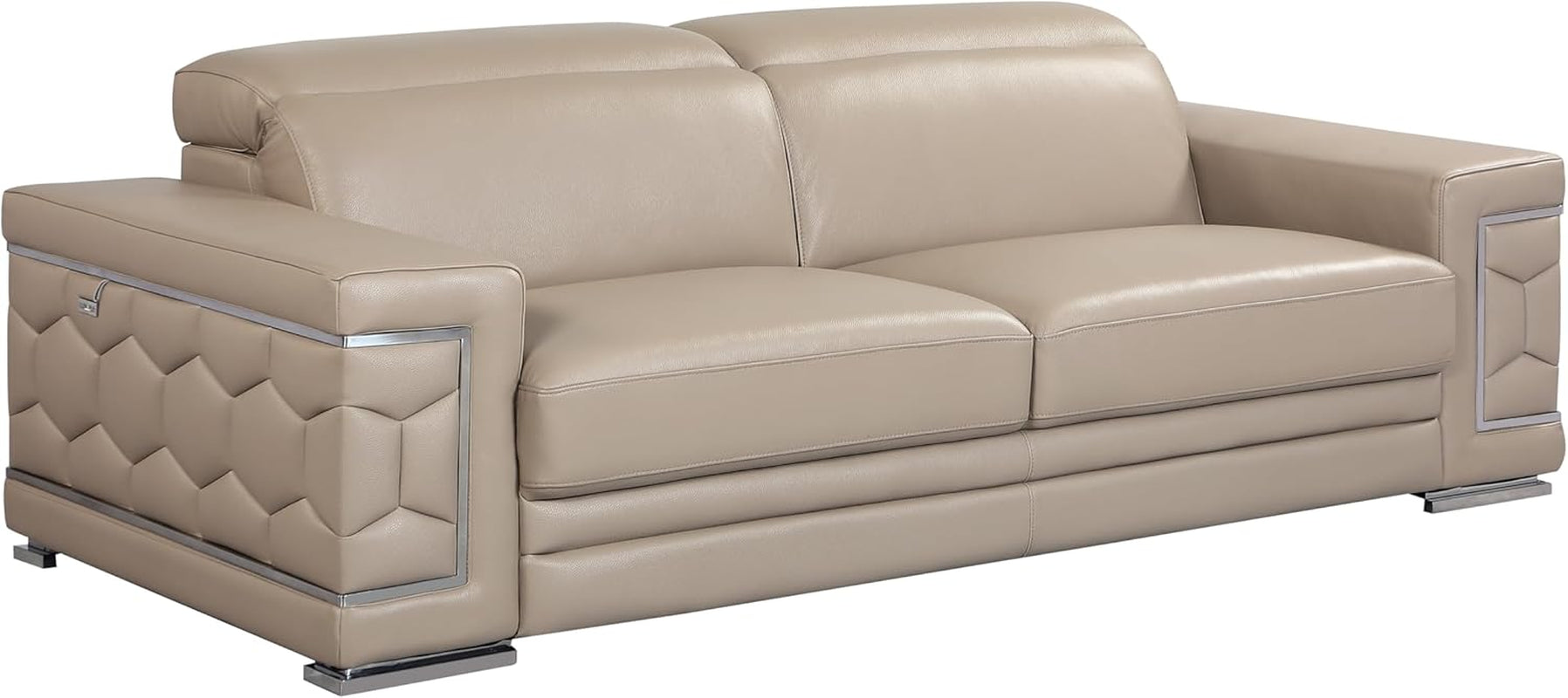 Usry Italian Leather Couch with Multi-Position Adjustable Headrests, Elegant Contemporary Design with Chrome Trim and Durable Wood Frame, Sofa, 89", Beige