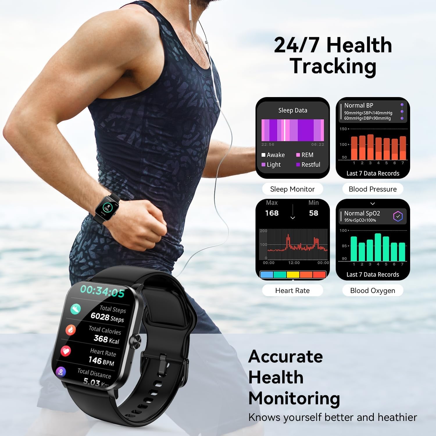 Smart Watch, 1.85" Smartwatch for Men Women (Answer/Make Call), IP68 Waterproof Fitness Tracker, 120+ Sport Modes, Heart Rate, Sleep Monitor, Pedometer, Spo2, Activity Tracker for Android Ios (Black)