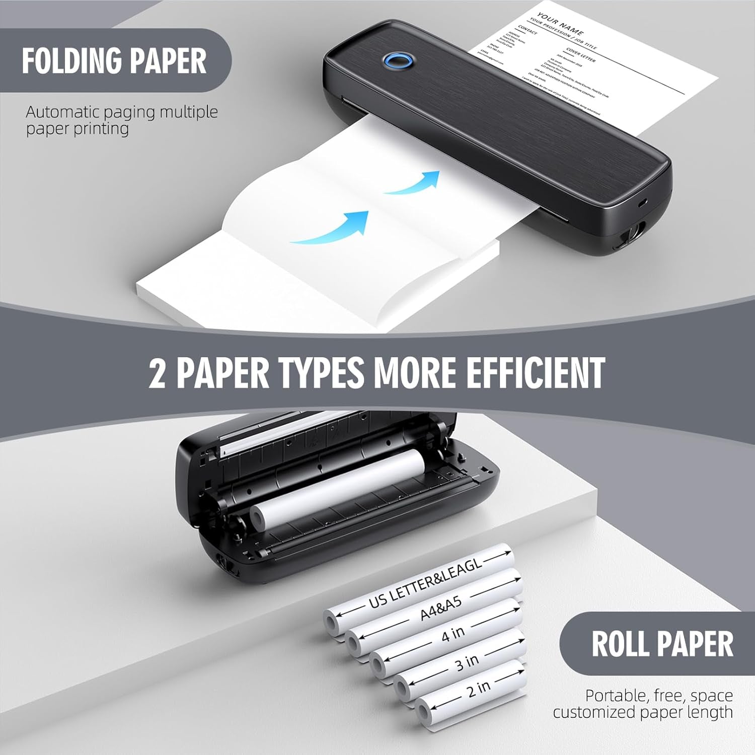 Portable Printer Wireless for Travel，Bluetooth Thermal Printer Support 8.5" X 11" US Letter &Legal, A4&A5 Thermal Paper, Inkless Printer Compatible with Ios, Android & Laptop for Office Car Home