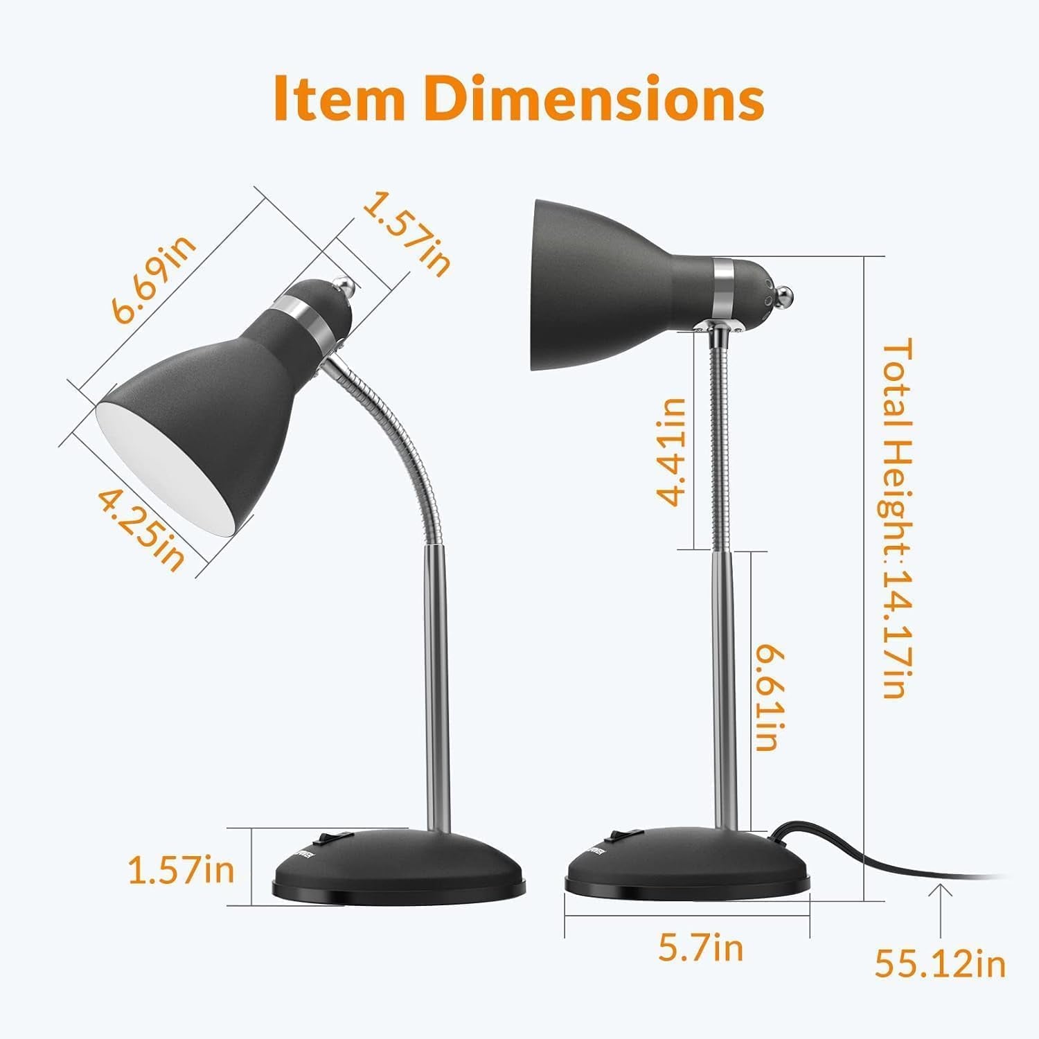 Metal Desk Lamp, Eye-Caring Table Lamp, Study Lamps with Flexible Goose Neck for Bedroom, Home Office (Matte Black)