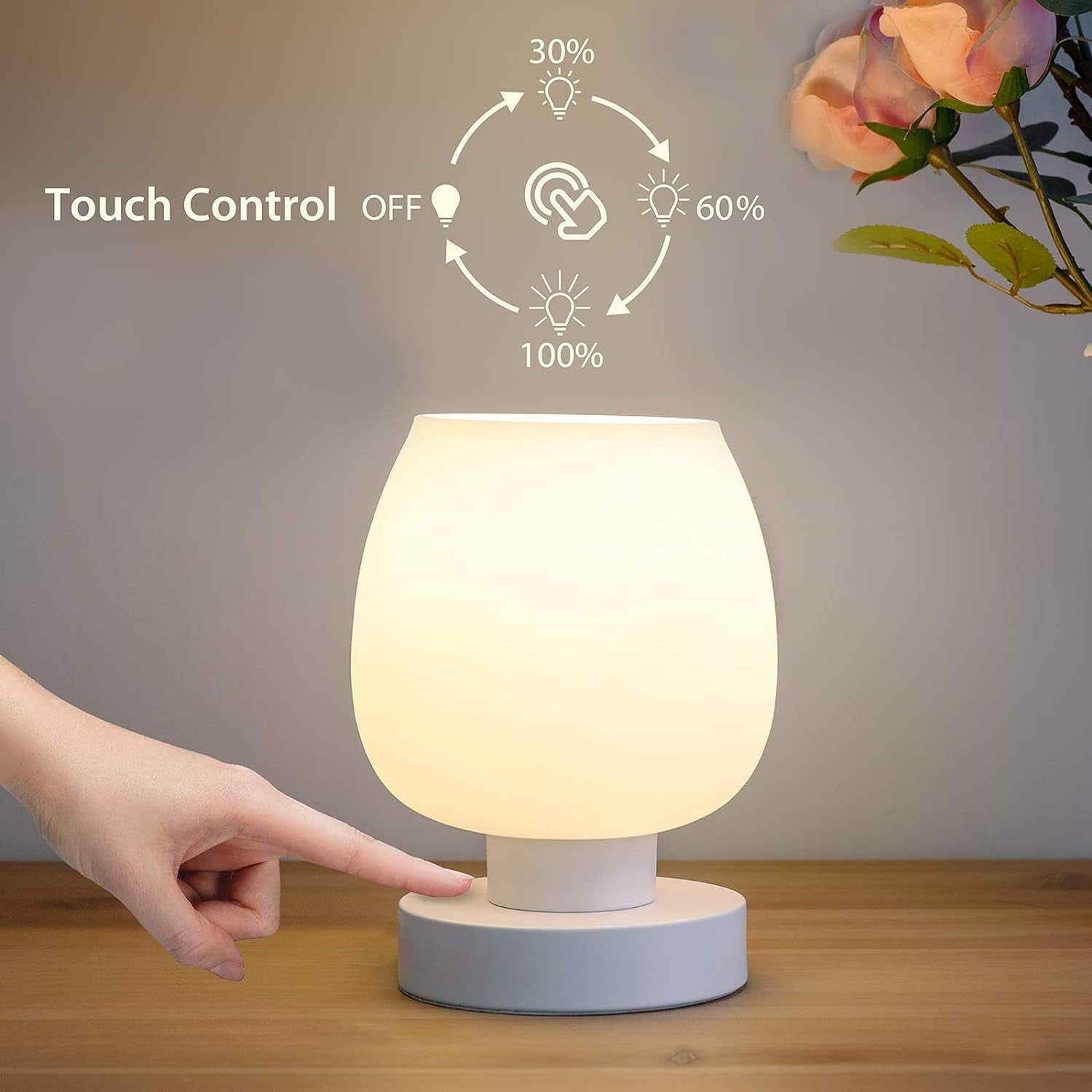 Touch Bedside Table Lamp - Modern Small Lamp for Bedroom Living Room Nightstand, Desk Lamp with White Opal Glass Lamp Shade, Warm LED Bulb, 3 Way Dimmable, Simple Design Mother'S Day Gifts