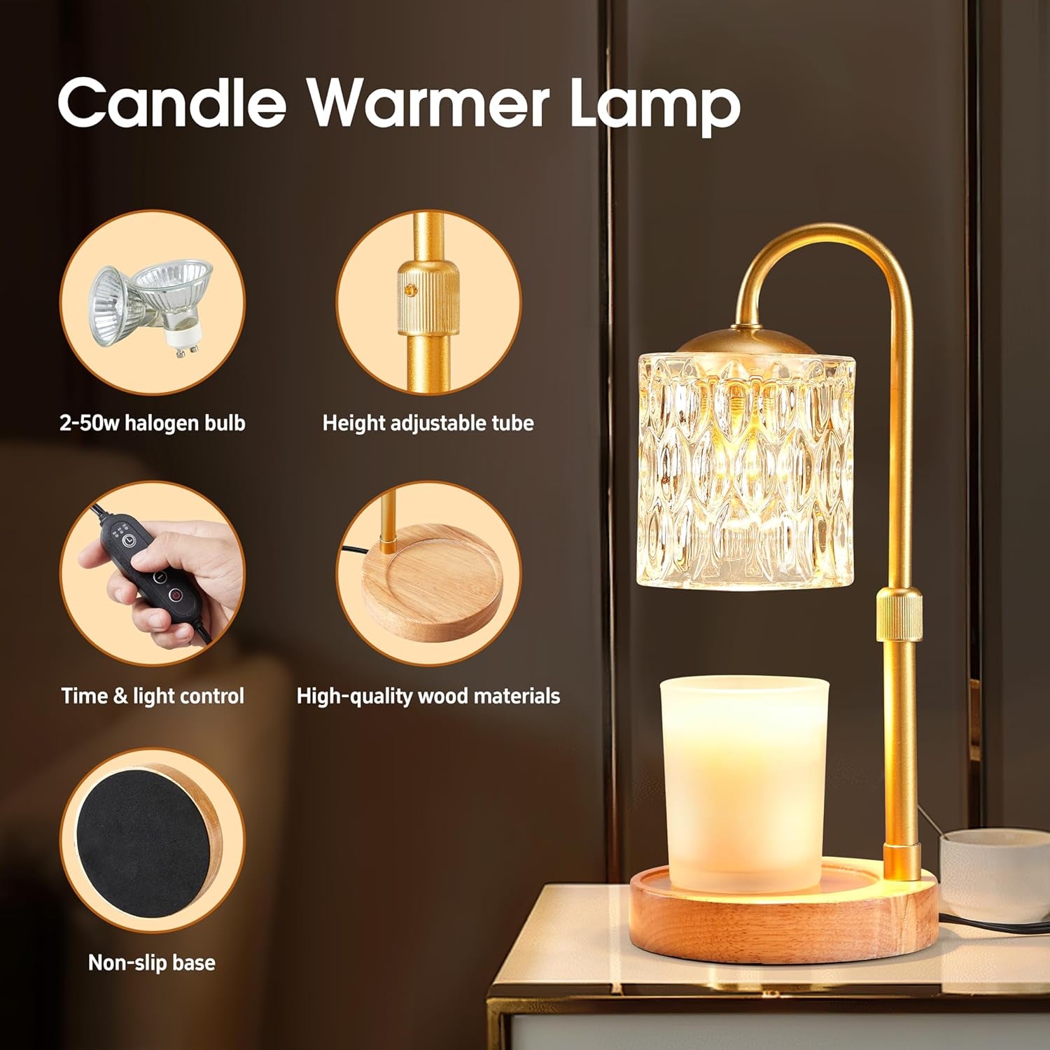 Dimmable Candle Warmer Lamp with Timer, Height Adjustable Electric Candle Wax Warmer for Jar Candles, Top-Down Light Heat Melting Wax with 2 Bulbs, Wooden Base for Gifts Home Decor