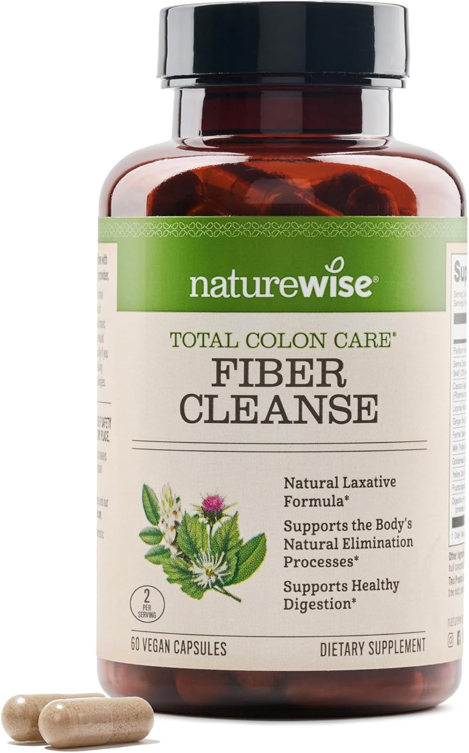 Total Colon Care Fiber Cleanse with Herbal Laxatives, Prebiotics, & Digestive Enzymes for Healthy Elimination, Safe Digestion & Weight, Detox, & Gut Health [1 Month Supply - 60 Count]