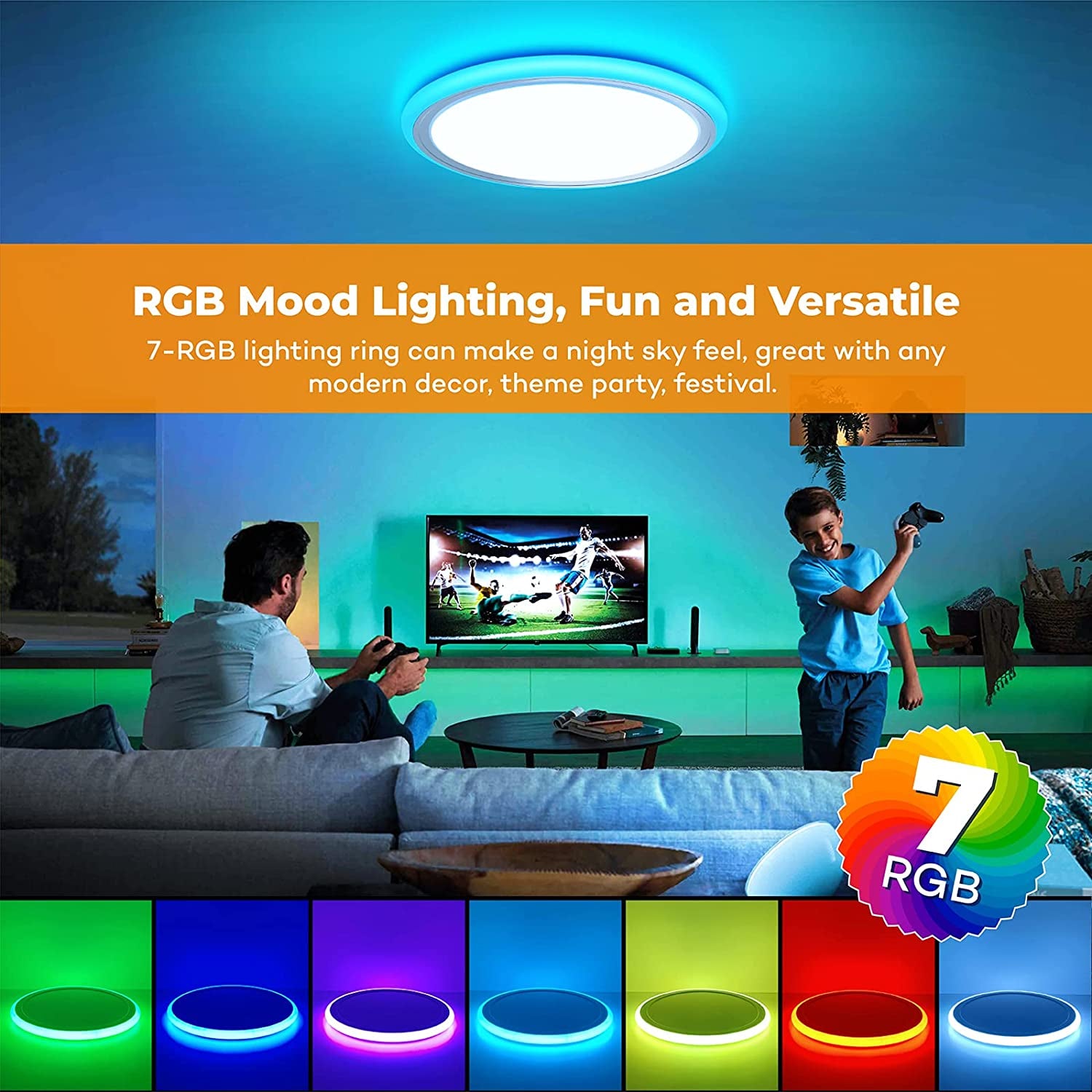 RGB Led Flush Mount Ceiling Light with Remote Control, 13Inch 24W 2400LM 3000-6500K Dimmable Color Changing Light Fixture, Modern round White Ceiling Lamp for Bedroom Kids Room Party Festival