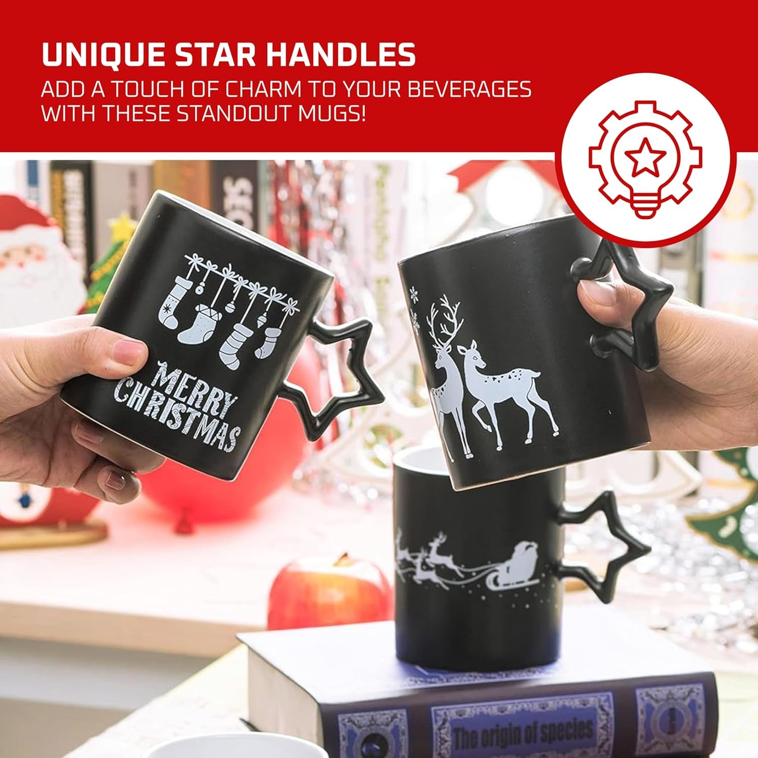 Black Coffee Mugs with Star Handle Set of 6 | Large-Sized Mugs 14 Ounce New Year Holidays Novelty Cups - Decorative DIY Mugs| Hot Chocolate Gift Sets