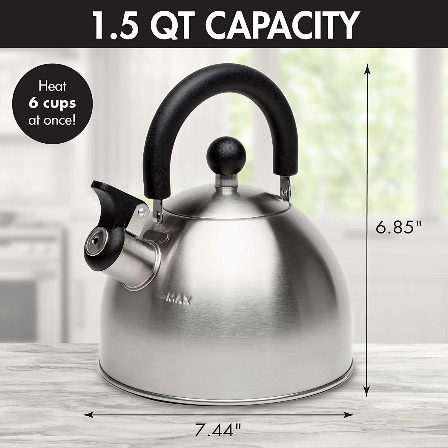 Stewart Whistling Stovetop Tea Kettle Food Grade Stainless Steel, Hot Water Fast to Boil, Cool Touch Folding, 1.5-Quart, Brushed with Black Handle