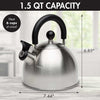 Stewart Whistling Stovetop Tea Kettle Food Grade Stainless Steel, Hot Water Fast to Boil, Cool Touch Folding, 1.5-Quart, Brushed with Black Handle