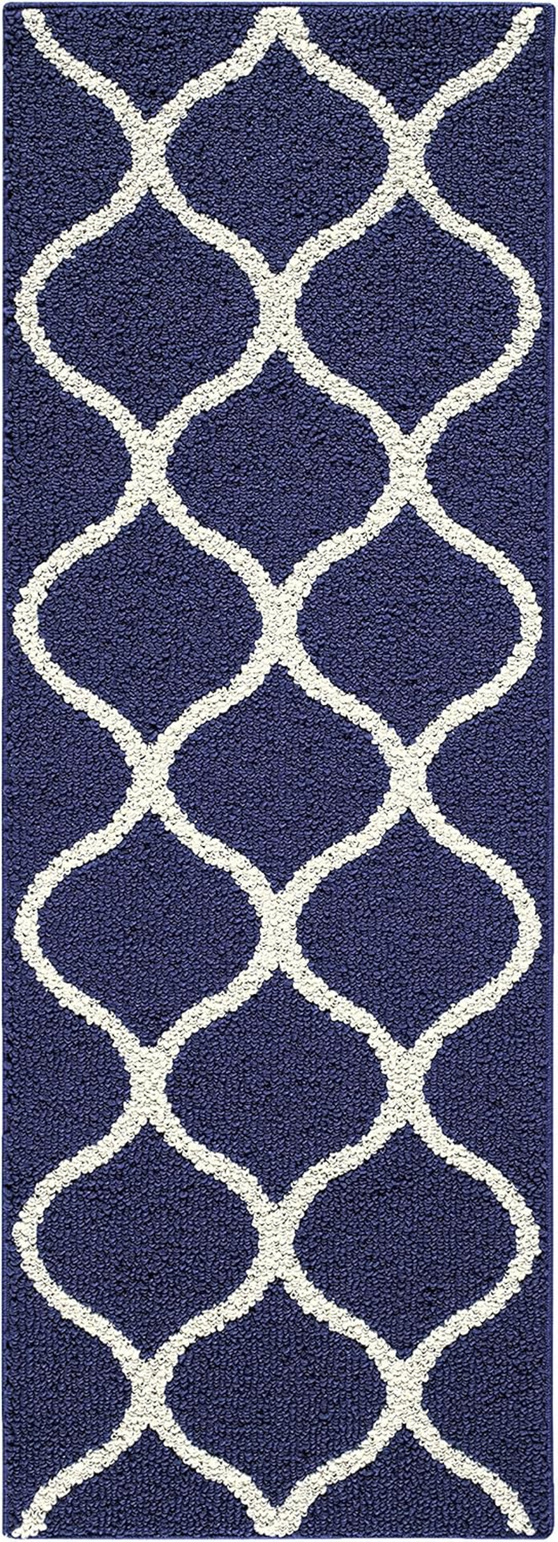 Rebecca Contemporary Runner Rug Non Slip Hallway Entry Carpet [Made in USA], 1'9" X 5', Navy Blue/White