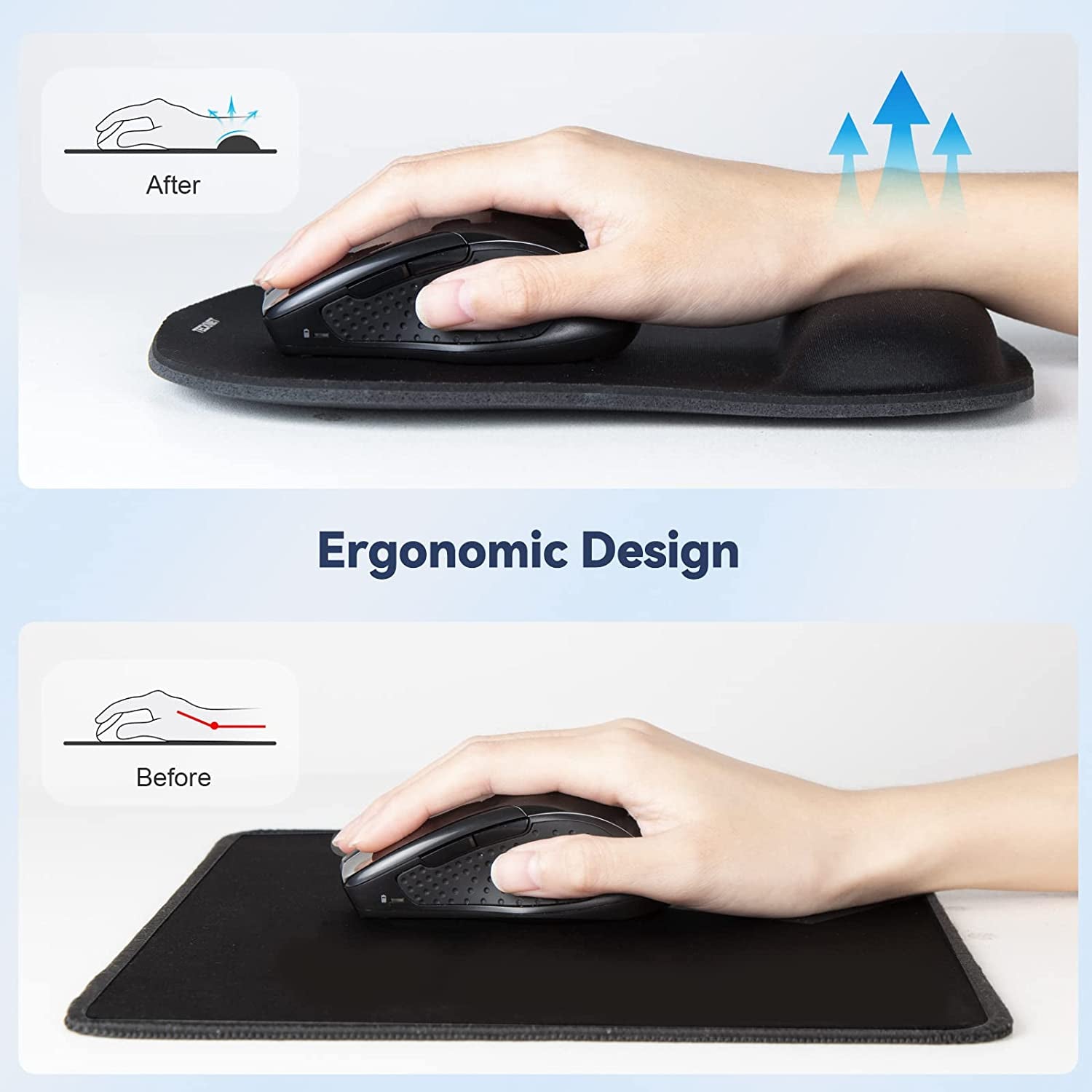 Mouse Pad with Wrist Support,  Ergonomic Gaming Mouse Pad Pain Relief, Portable Comfortable Mousepad for Computer, Laptop, Office, Home and Travel, Non-Slip Base, Waterproof Surface, Black