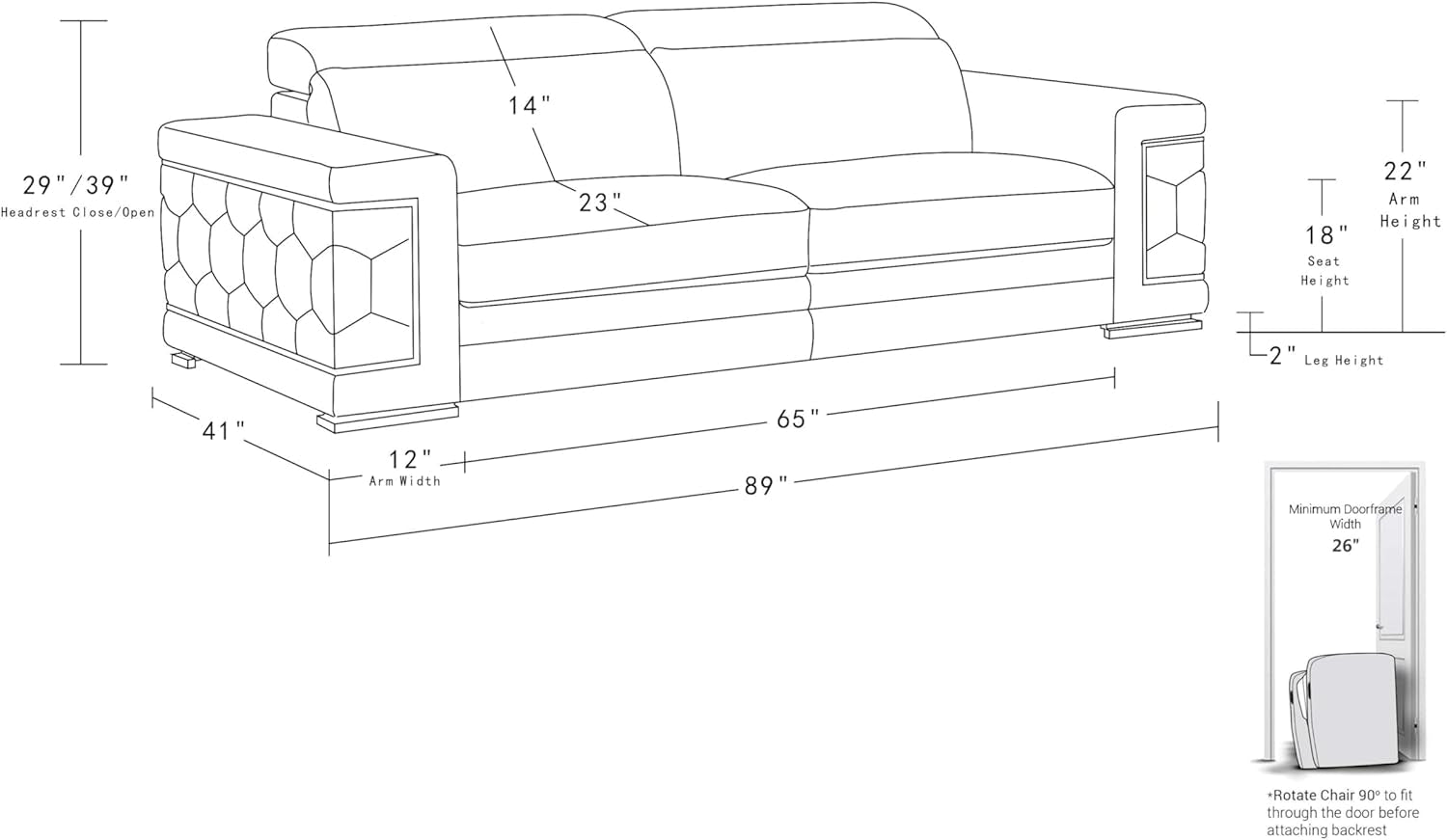 Usry Italian Leather Couch with Multi-Position Adjustable Headrests, Elegant Contemporary Design with Chrome Trim and Durable Wood Frame, Sofa, 89", Beige