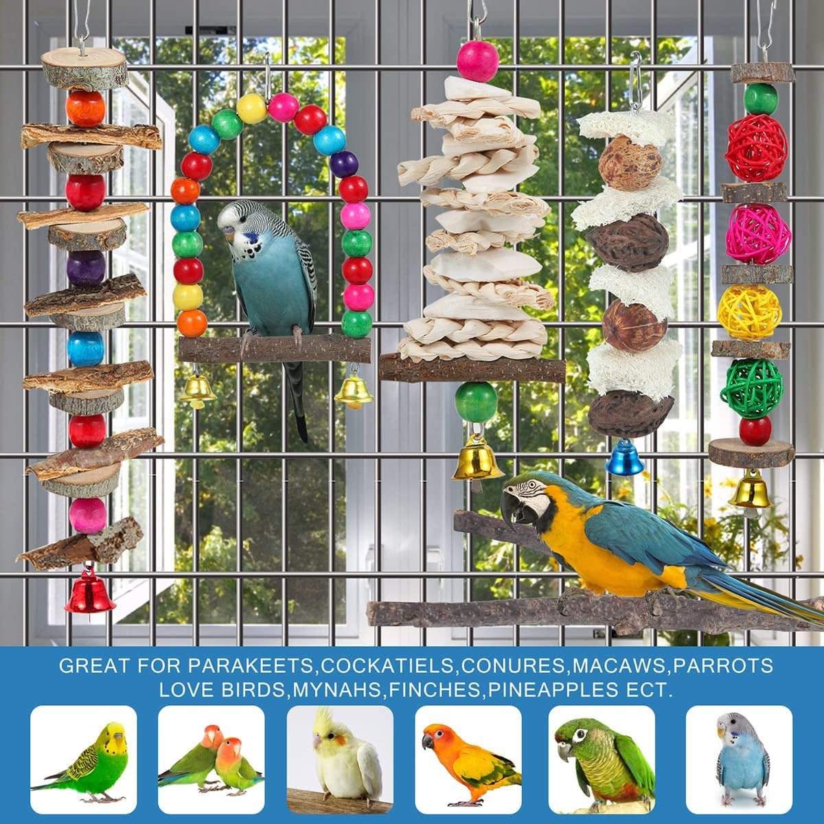 Bird Perch Bird Toys Parakeet Toys,6 Pack Bird Cage Accessories Wooden Chew Toys Perch Stand for Parrot Conure Cockatiel Lovebird Parrotlet Budgie Finches and Other Small to Medium Sized Birds