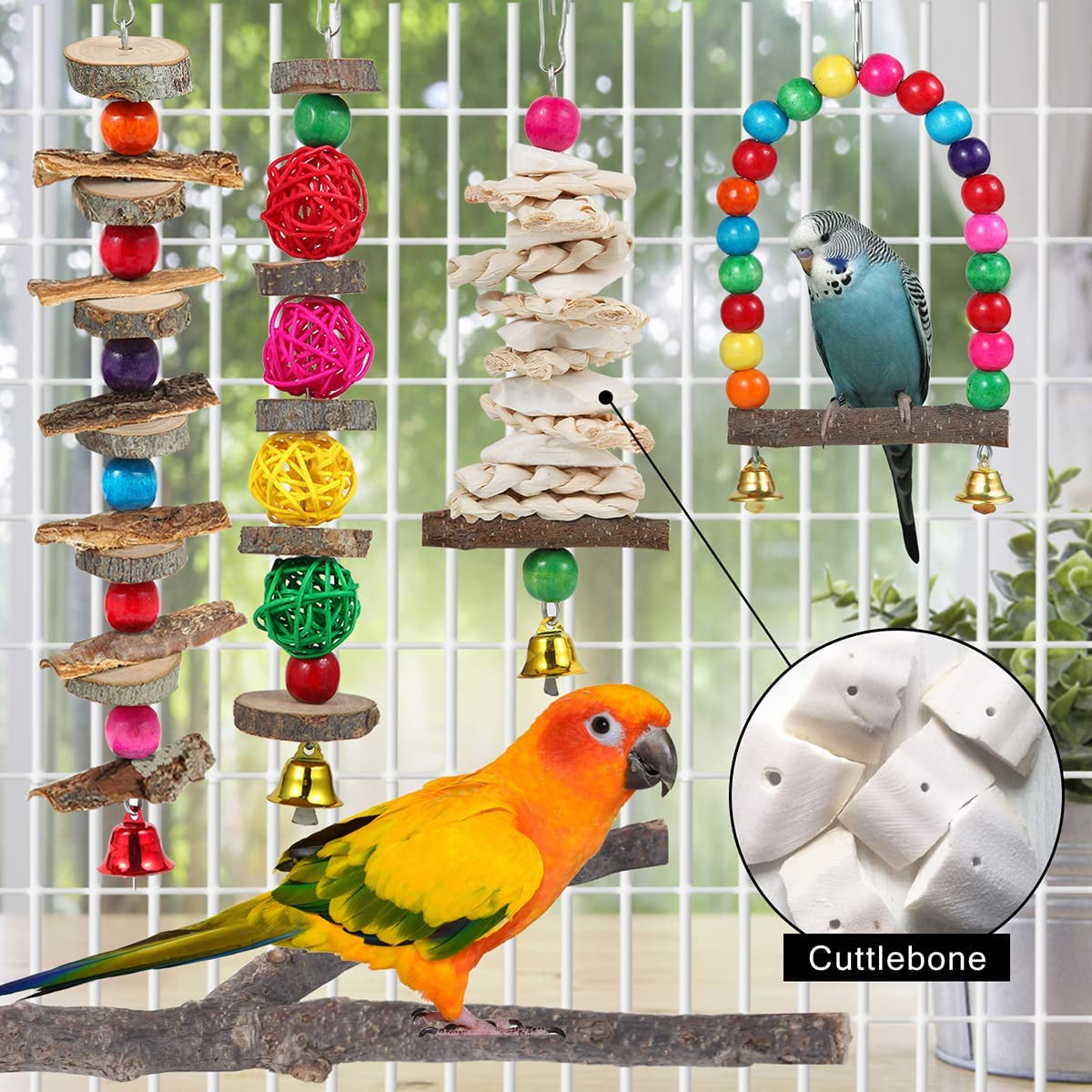 Bird Perch Bird Toys Parakeet Toys,6 Pack Bird Cage Accessories Wooden Chew Toys Perch Stand for Parrot Conure Cockatiel Lovebird Parrotlet Budgie Finches and Other Small to Medium Sized Birds