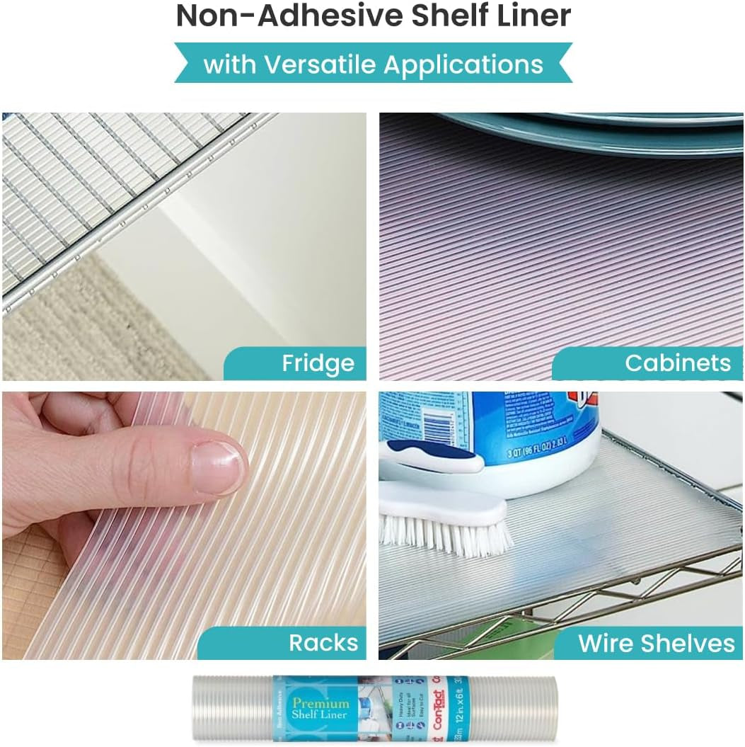 Brand Premium plus Non-Adhesive Shelf Heavy Duty and Multi-Functional Drawer Liner, Protect and Organize Your Shelves and Drawers - 12" X 6', Ribbed Clear, Pack of 6 Rolls