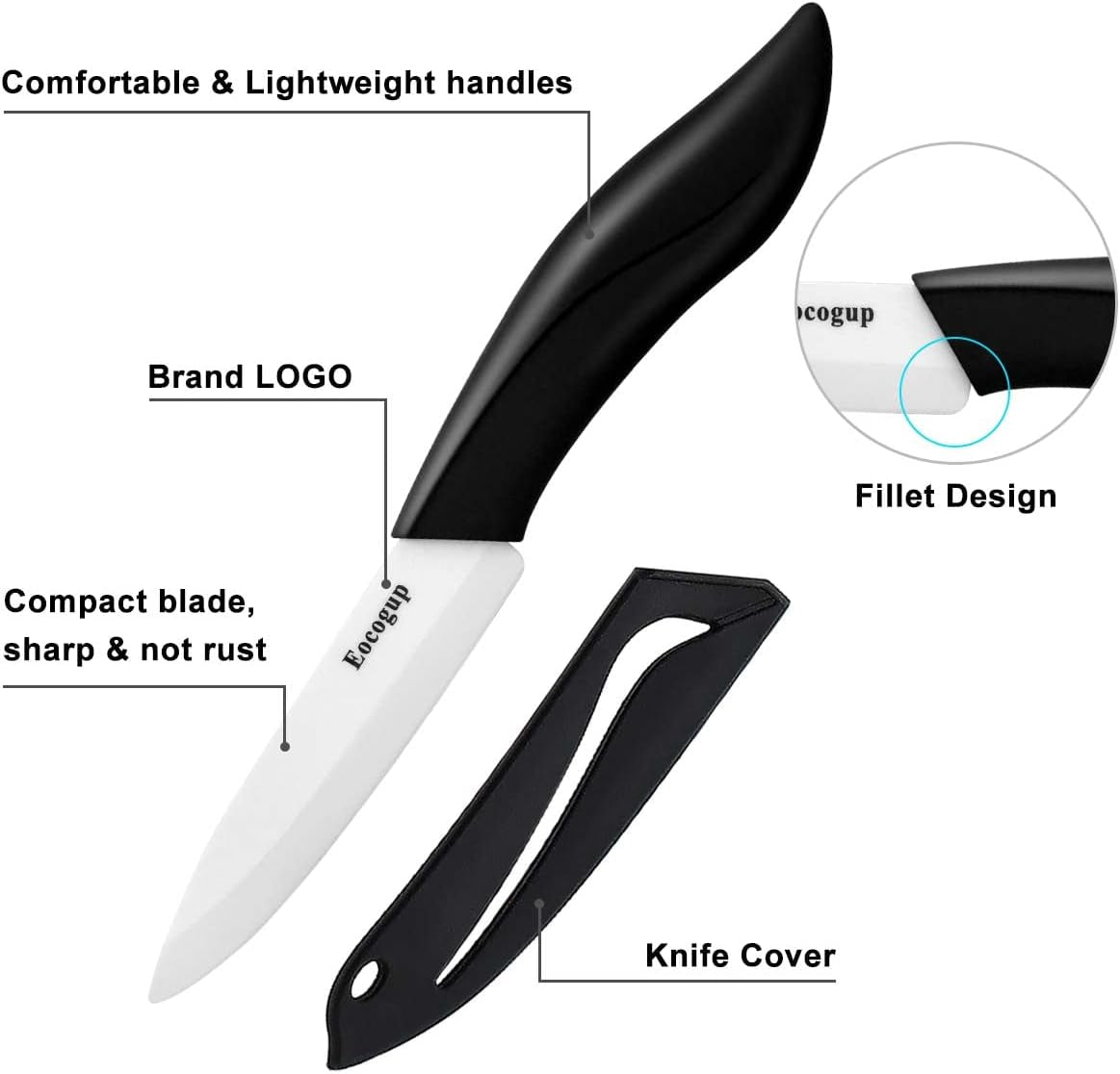 Paring Knife, Large Handle and Super Sharp Ceramic Knife Blade of 4 Inch,Rust Proof Stain Resistant,Abs Handle(Black).