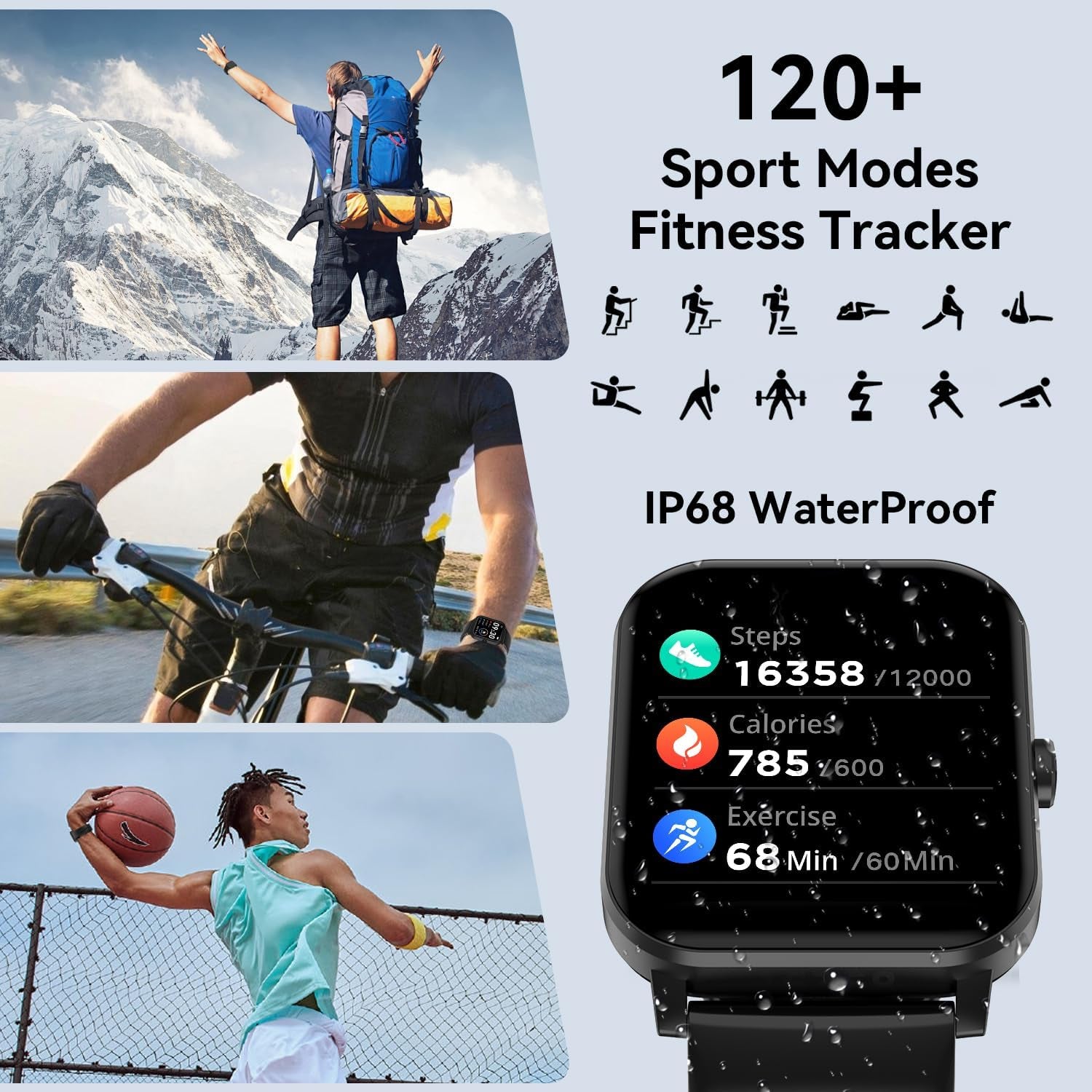 Smart Watch, 1.85" Smartwatch for Men Women (Answer/Make Call), IP68 Waterproof Fitness Tracker, 120+ Sport Modes, Heart Rate, Sleep Monitor, Pedometer, Spo2, Activity Tracker for Android Ios (Black)