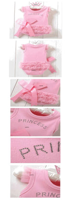Newborn Baby 100% Cotton Girl Romper In Pink with ruffles and bow, featuring 'Princess' text in rhinestones.